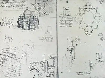 Studies for a Building on a Centralised Plan and Sketches of a Fortress Leonardo da Vinci